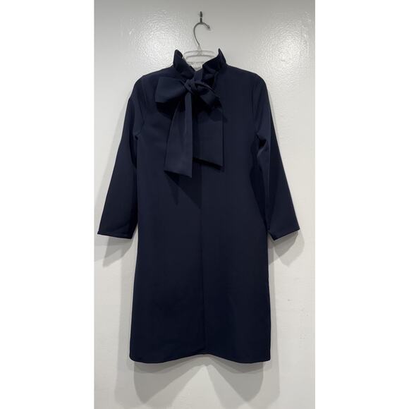 Tuckernuck Navy Blue Daphne Dress Women’s Size Small Bow Tie Ruffle Neck Pockets - Picture 2 of 10